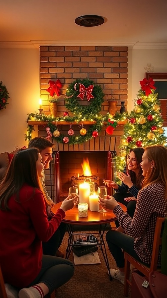 A cozy Christmas gathering by the fireplace with friends, decorated tree, and festive atmosphere.