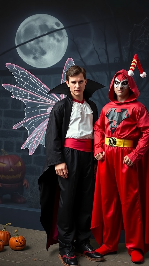 Two men in Halloween costumes: one as a vampire and the other as a superhero, with a spooky backdrop.