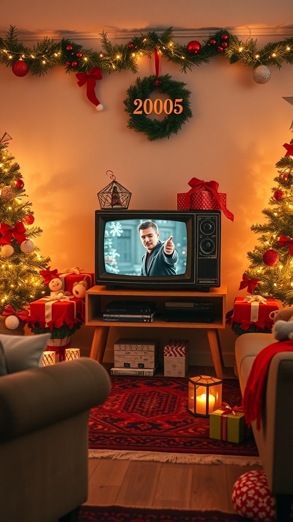 Cozy Christmas living room with a vintage TV showing a holiday movie, decorated with festive lights and ornaments.