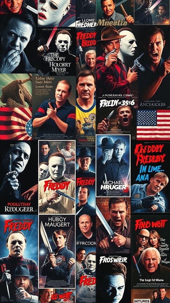 Collage of iconic horror movie posters from the 1980s featuring characters like Freddy Krueger and Michael Myers.