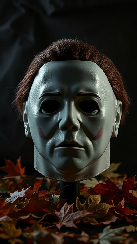 A close-up of the Michael Myers mask surrounded by autumn leaves