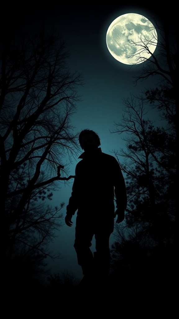 Silhouette of Michael Myers against a full moon and dark trees