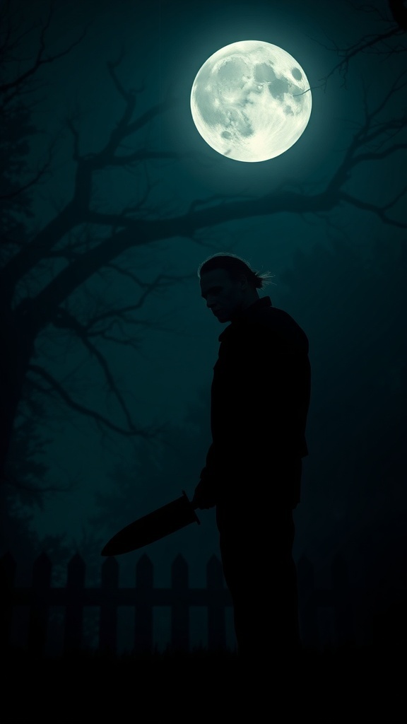 Silhouette of Michael Myers holding a knife under a full moon
