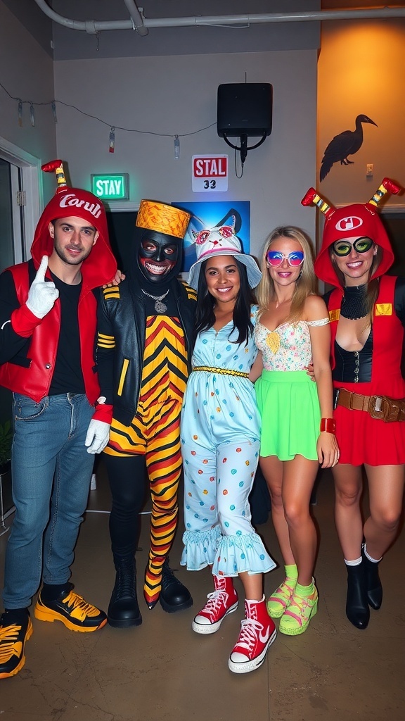 A group of friends dressed in colorful costumes inspired by iconic movie characters from the 2000s.