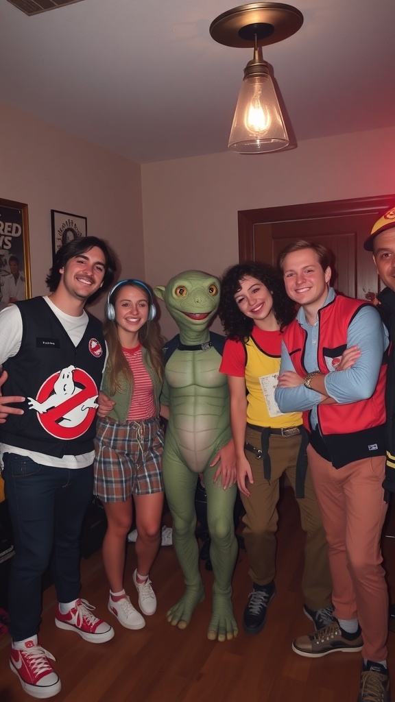 A group of friends in 80s costumes, including a Ghostbuster and a Teenage Mutant Ninja Turtle.