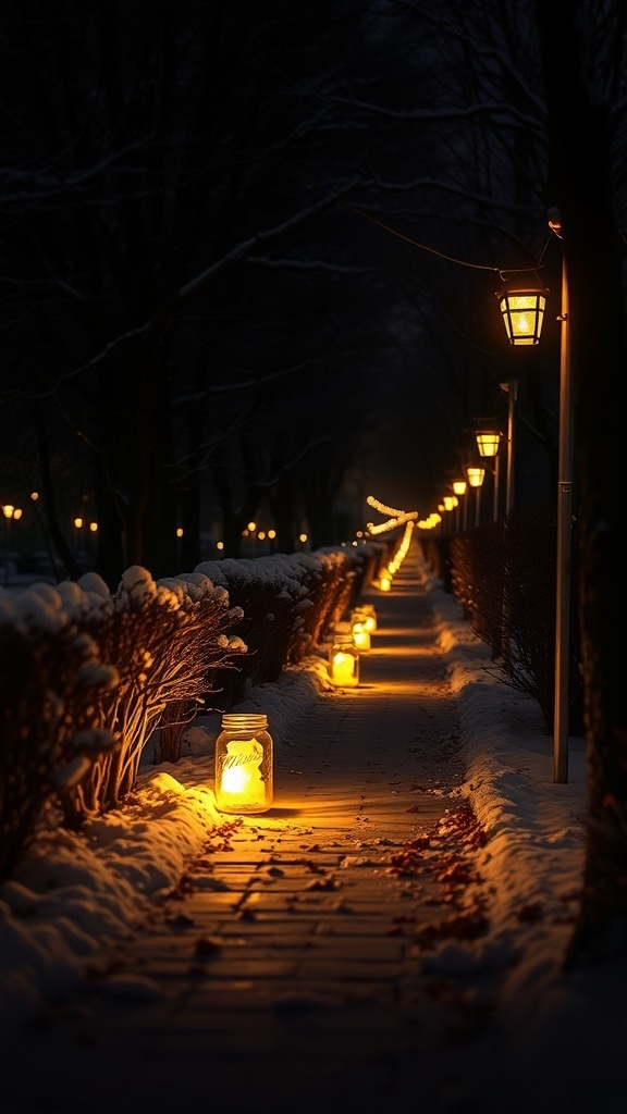 A pathway illuminated by homemade lanterns in a snowy setting