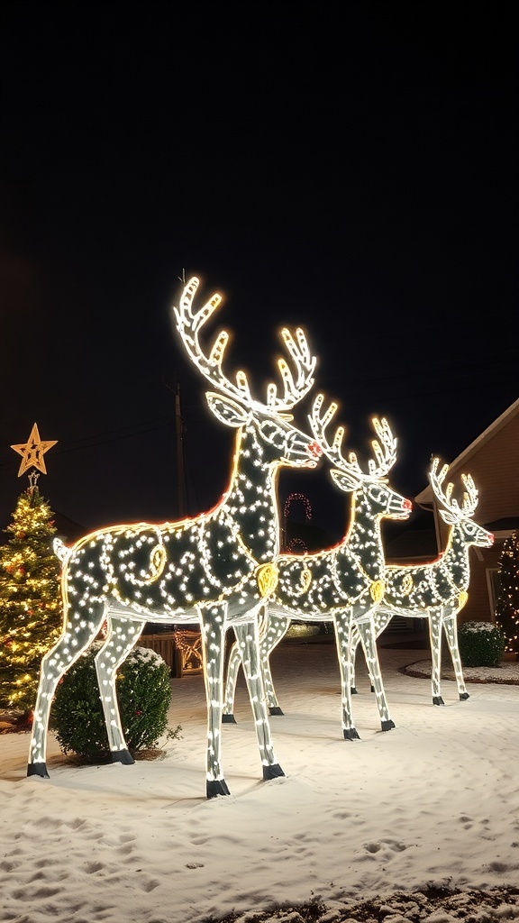A festive display of illuminated reindeer in a snowy yard