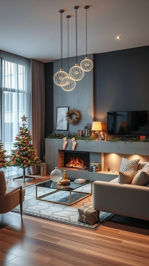 A modern living room decorated for Christmas with two trees, stockings, and stylish lighting.