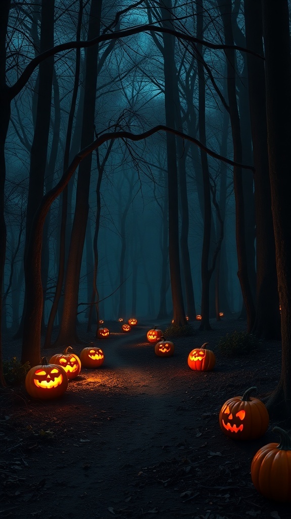 A dark forest path illuminated by glowing jack-o'-lanterns, surrounded by misty trees.
