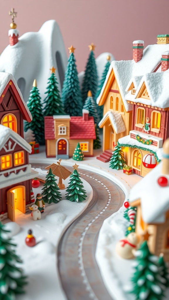 A 3D Christmas village with snow-covered houses, decorated trees, and a winding path.