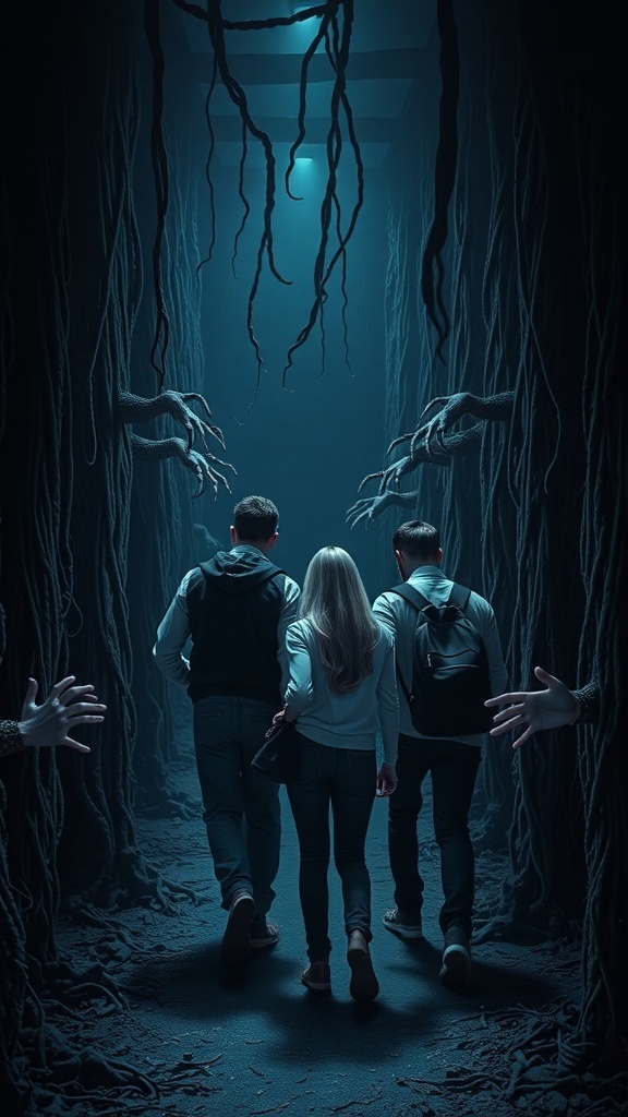 A group of three people walking through a dark, haunted maze with eerie hands reaching out.