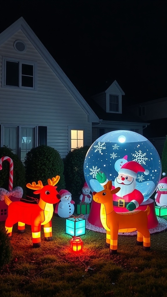 Colorful Christmas lawn decorations featuring inflatable reindeer, Santa in a snow globe, and glowing gift boxes.