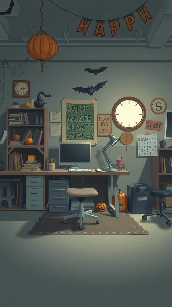 A cozy workspace decorated for Halloween with pumpkins, bats, and a festive banner.