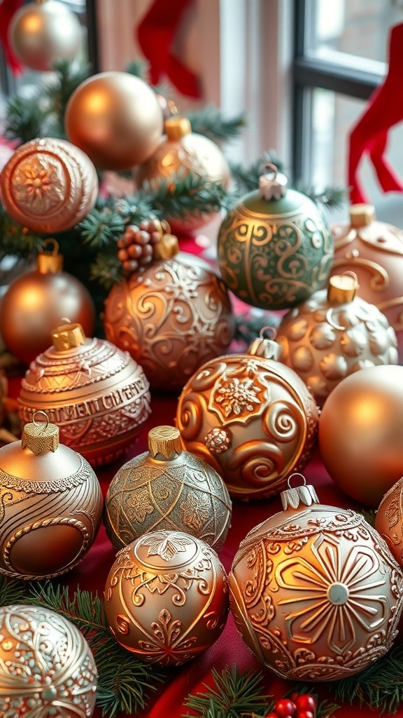 A collection of intricately designed 3D holiday ornaments in warm gold tones, displayed with festive greenery.