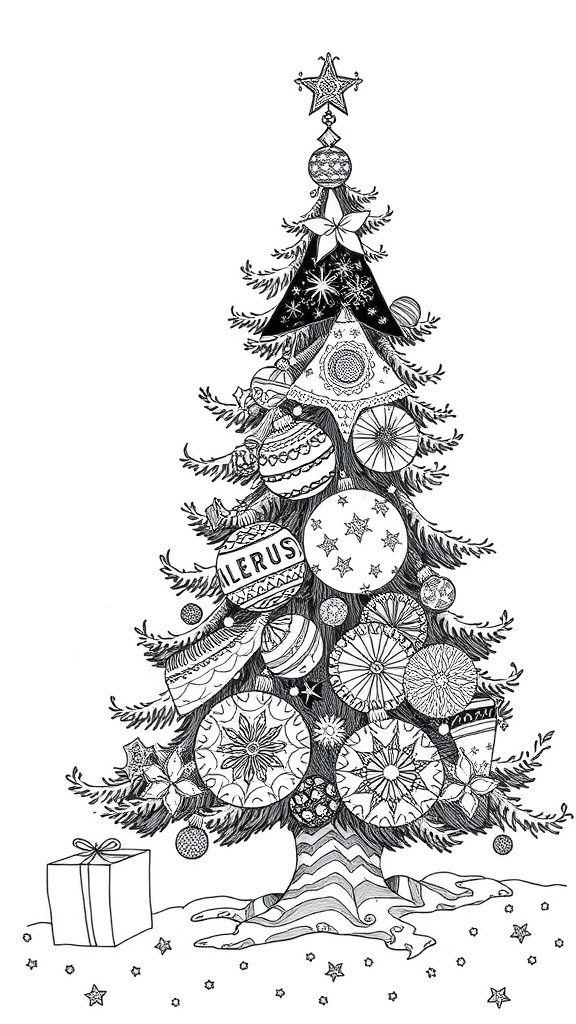 Intricate black and white Christmas tree design with ornaments and a present