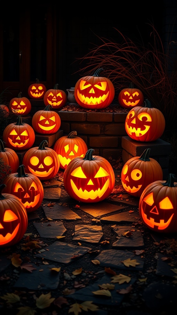 A collection of glowing jack-o'-lanterns with various faces on a stone pathway