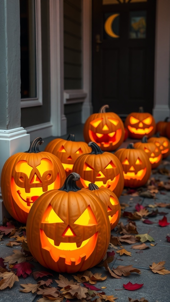 A collection of uniquely designed jack-o'-lanterns glowing on a porch, surrounded by autumn leaves.