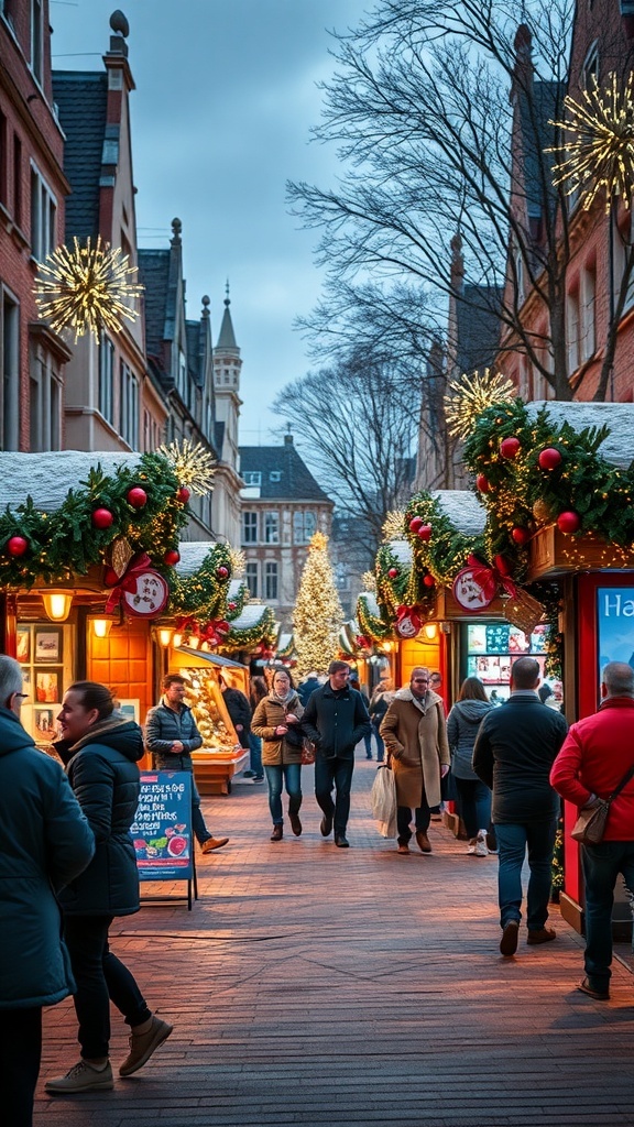 A festive Christmas market scene with stalls decorated for the holiday season, people walking around, and a large Christmas tree in the background.