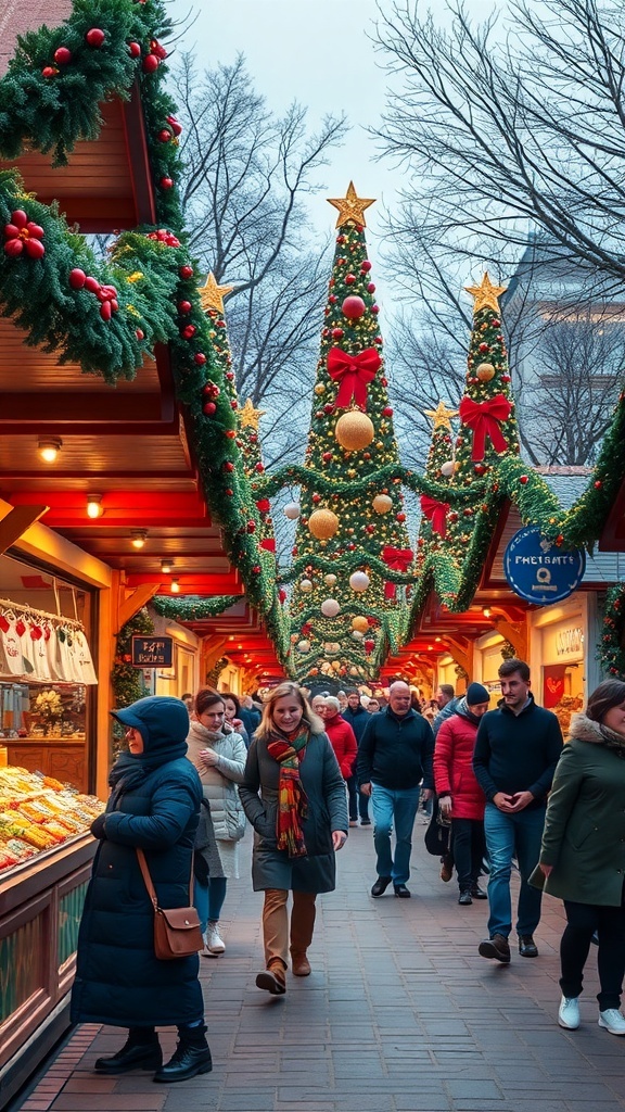 A vibrant Christmas market scene with decorated stalls, people walking, and Christmas trees.