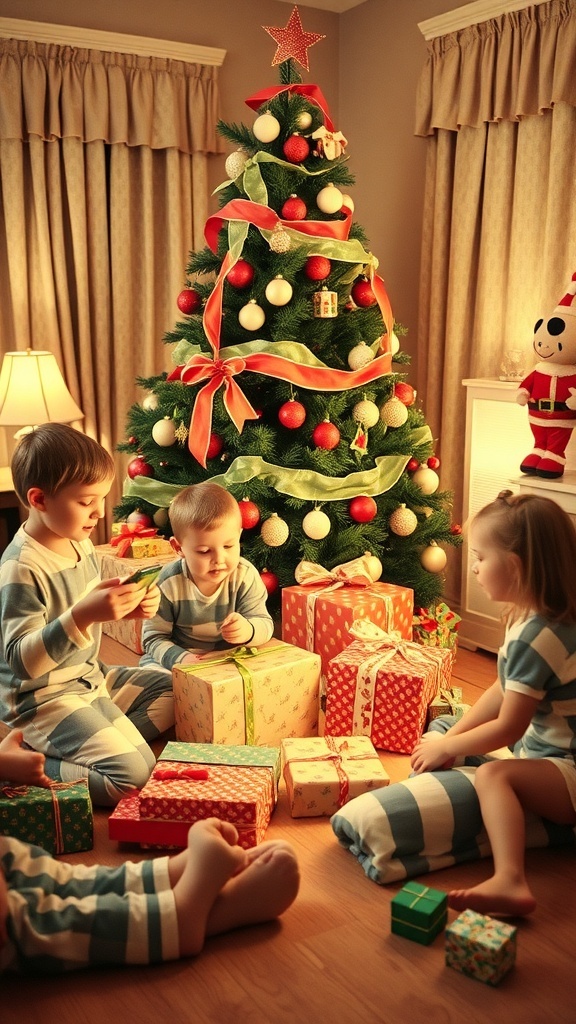 Children in pajamas sitting around Christmas presents under a decorated tree