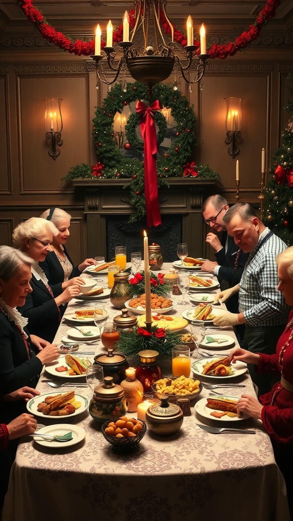 A festive Christmas dinner with a beautifully set table, surrounded by friends and family enjoying a joyful feast.