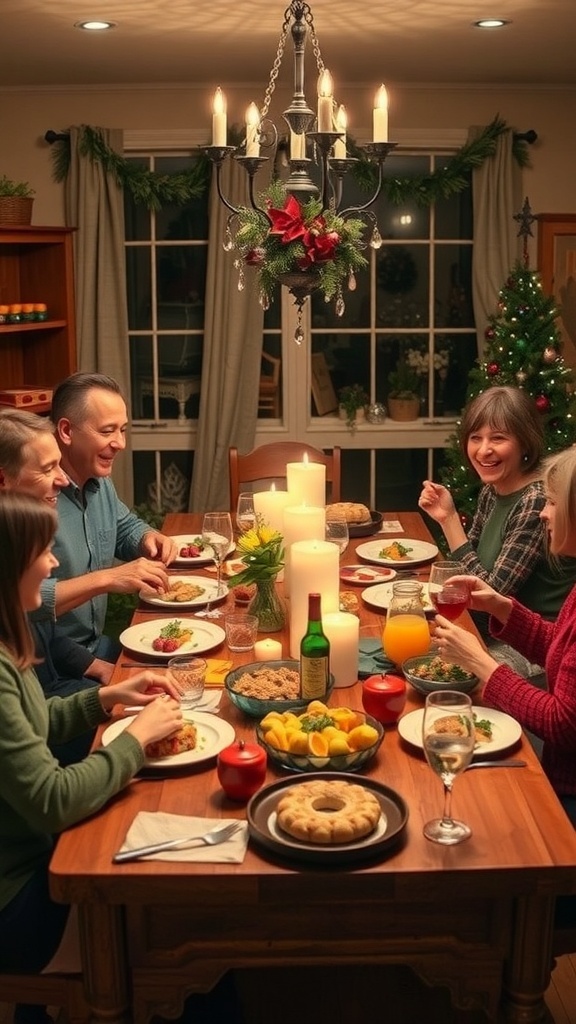 A festive holiday gathering with friends and family around a table filled with food, candles, and a Christmas tree in the background.