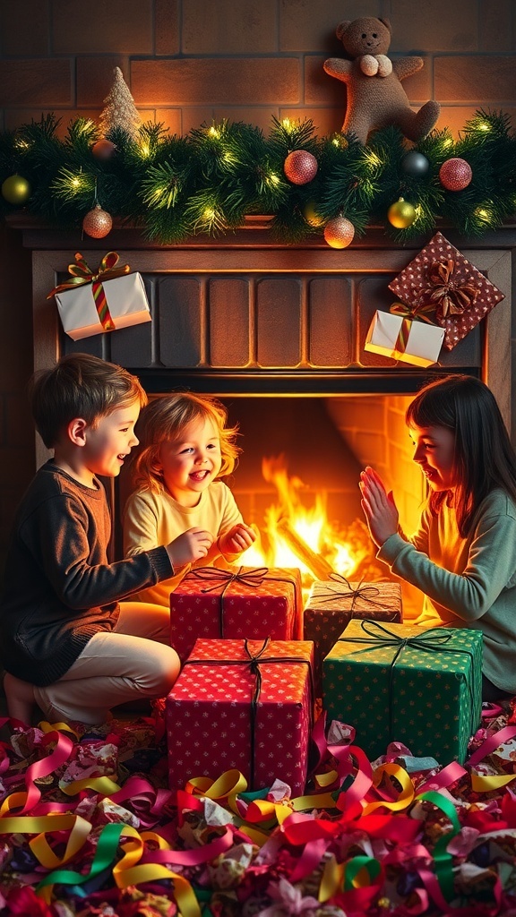 Children joyfully exchanging gifts by a fireplace on Christmas Day.