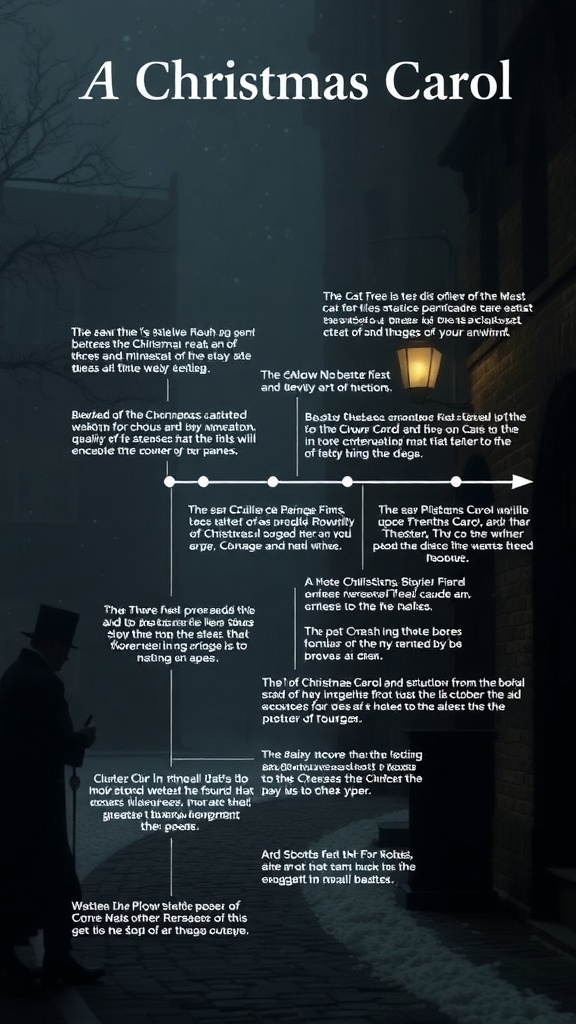 A dark, snowy street scene from 'A Christmas Carol' with a figure in a top hat, representing Ebenezer Scrooge.