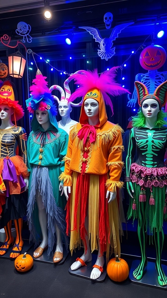Colorful Labubu Halloween costumes displayed on mannequins with pumpkins and Halloween decorations.