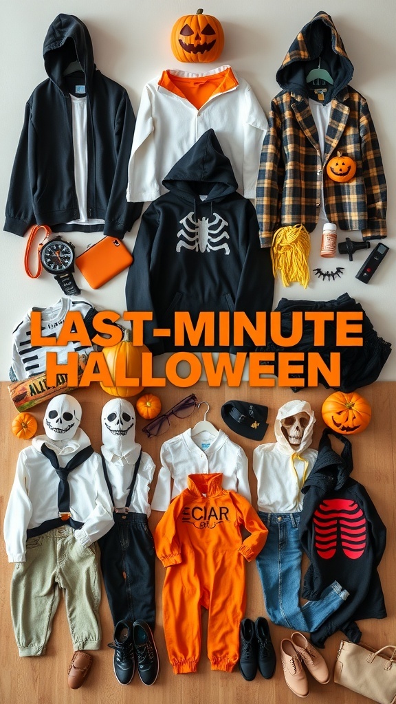 A collection of last-minute Halloween costumes including hoodies, masks, and accessories.