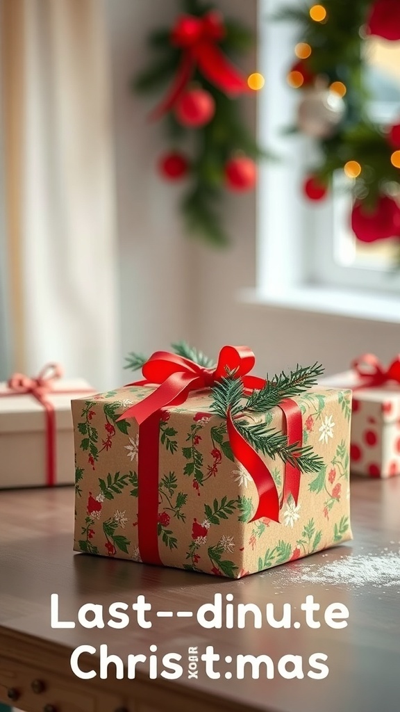 A beautifully wrapped gift with a festive design, surrounded by holiday decorations.
