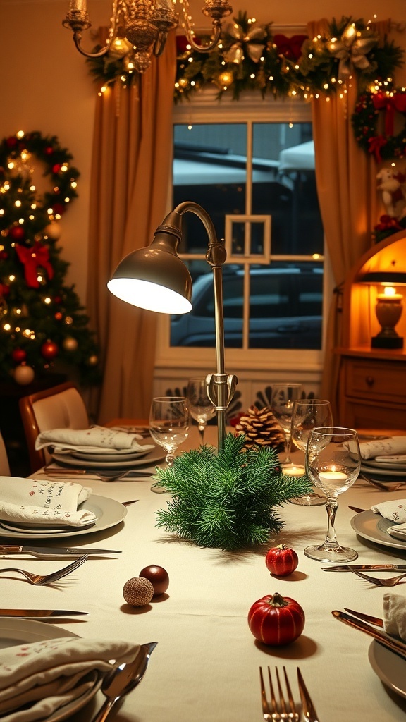A beautifully set dining table with a Leg Lamp centerpiece, surrounded by festive decorations.