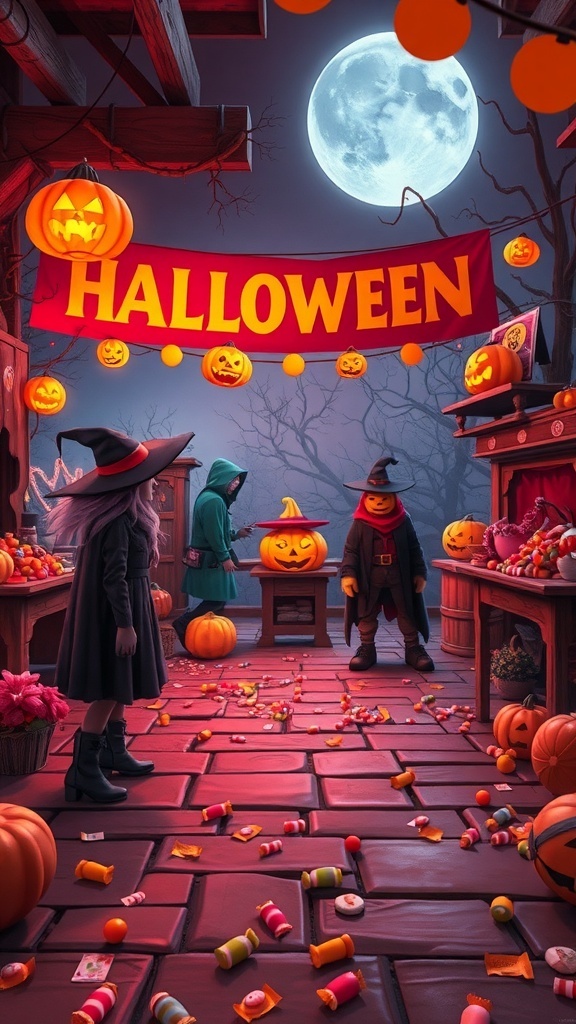 A festive Halloween scene with children in costumes, carved pumpkins, and a 'HALLOWEEN' banner.