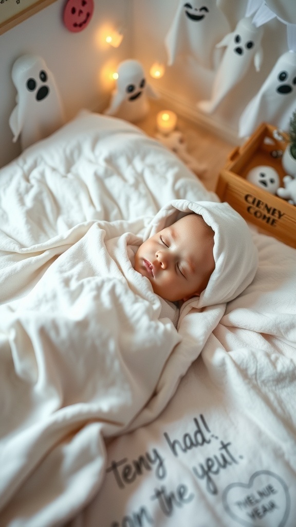 A baby wrapped in a soft white blanket resembling a ghost, surrounded by ghost decorations.