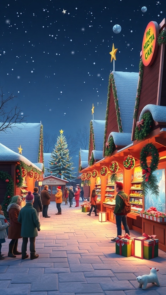 A snowy Christmas market with decorated stalls, a Christmas tree, and people enjoying the festive atmosphere.