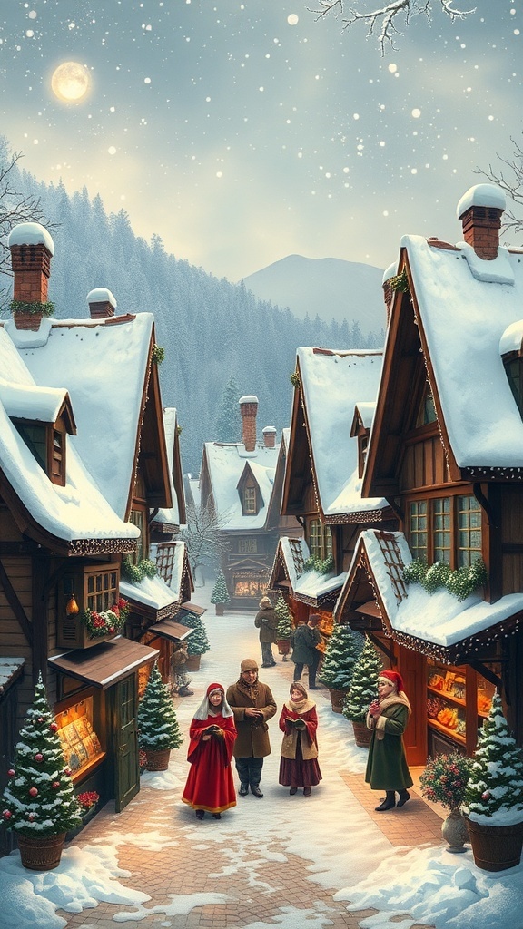 A magical Christmas village with snow-covered houses, festive decorations, and people enjoying the holiday spirit.