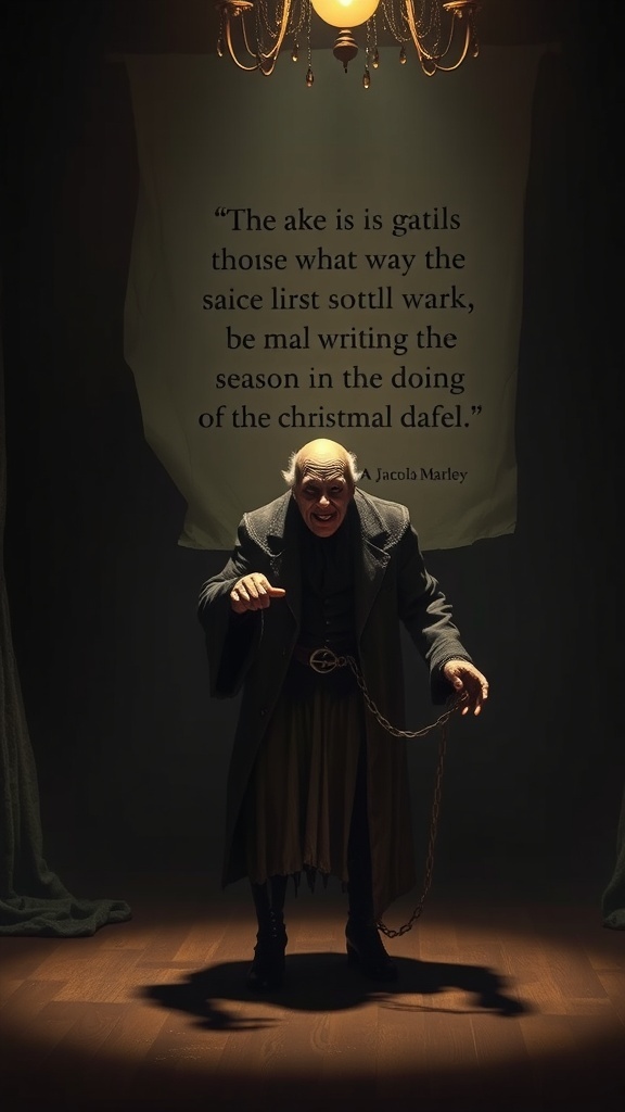 A ghostly figure representing Jacob Marley, wearing chains and delivering a haunting message about life choices.