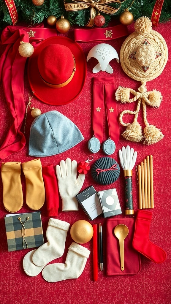 A collection of colorful accessories including hats, gloves, and scarves suitable for Cosa 1 and Cosa 2 costumes.
