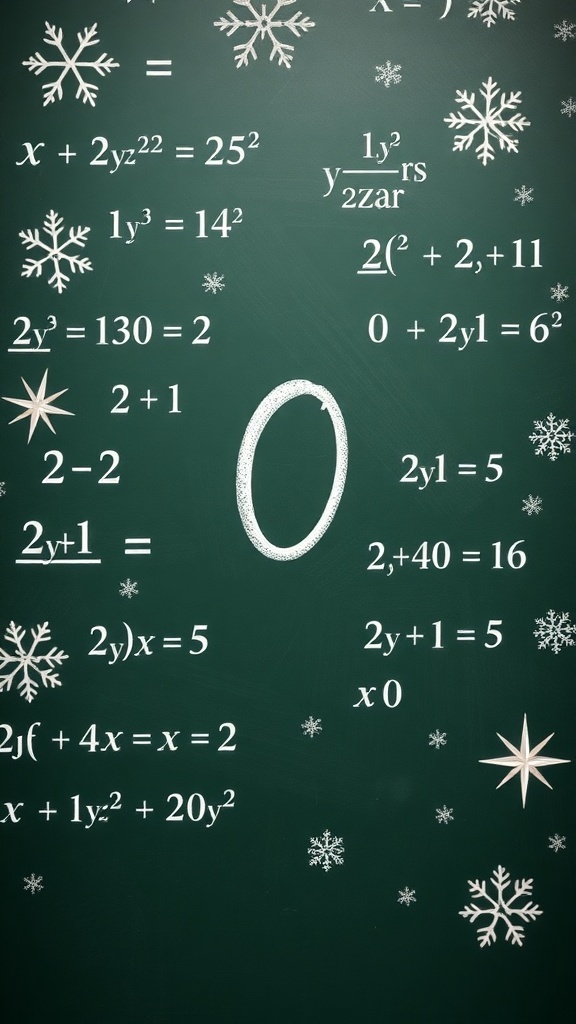 Chalkboard with mathematical equations and a prominent '0', decorated with snowflakes.