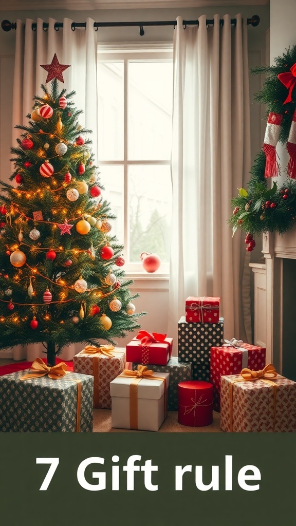 A cozy Christmas scene with a decorated tree and presents, illustrating the 7 Gift Rule.
