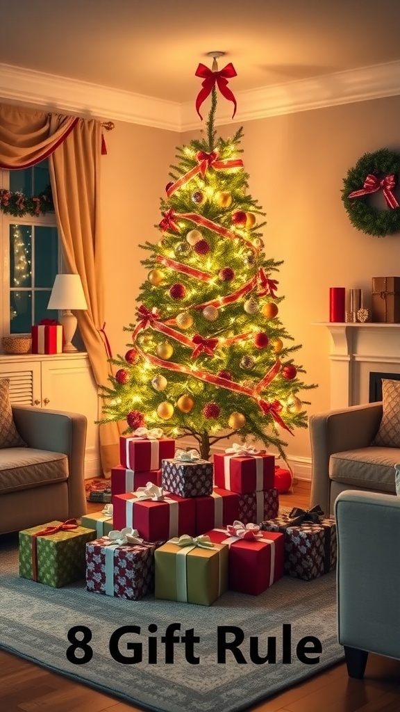 A beautifully decorated Christmas tree with colorful gifts underneath, illustrating the 8 Gift Rule.