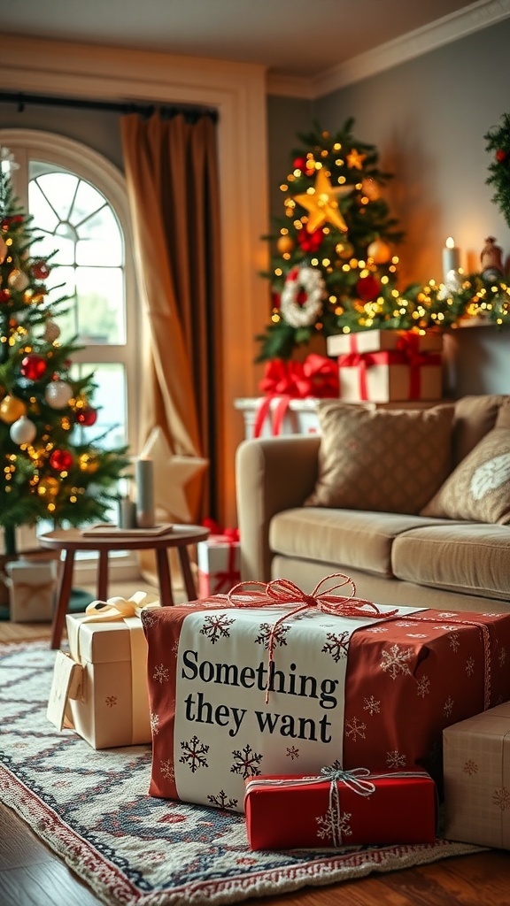 A cozy living room decorated for Christmas with a large gift box labeled 'Something they want' and other presents around.