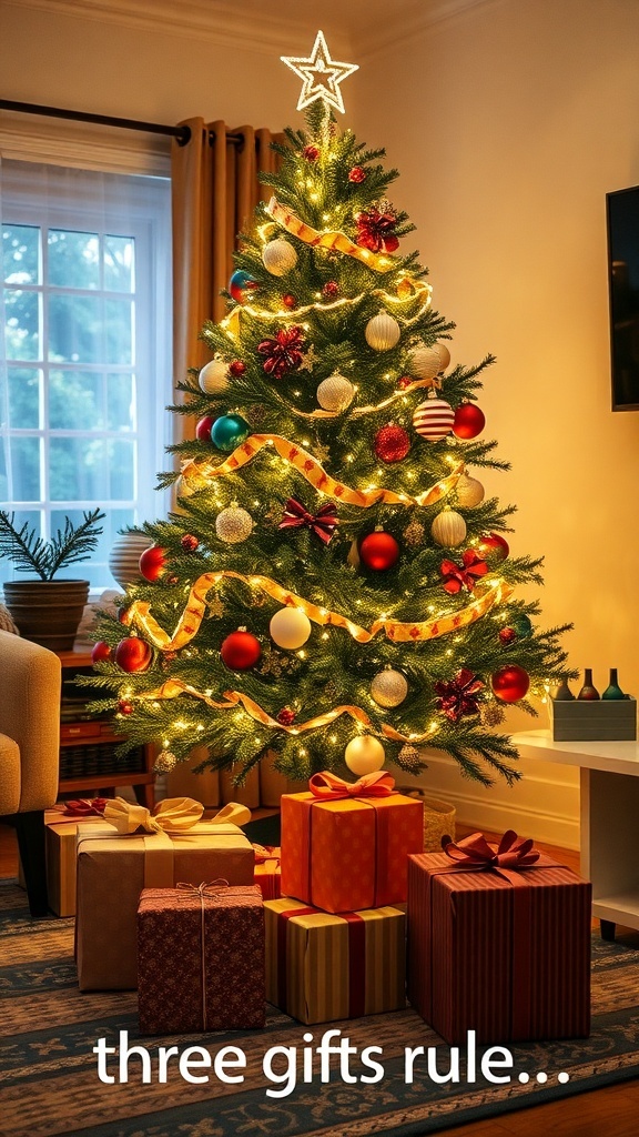 A beautifully decorated Christmas tree with gifts underneath, illustrating the three gifts rule.