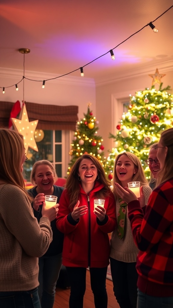 A joyful group of friends celebrating Christmas with candles, surrounded by decorated trees and festive lights.
