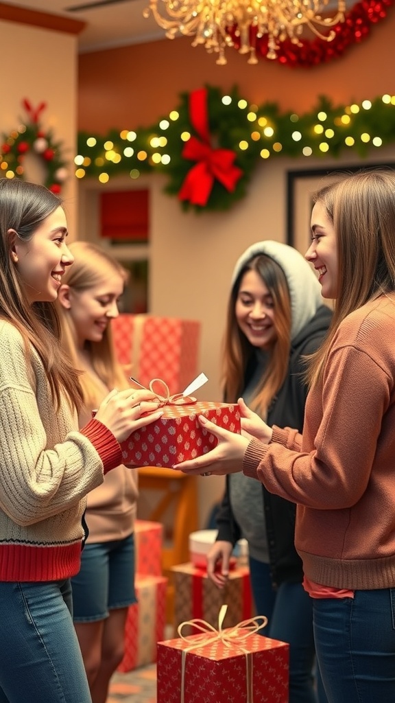 A group of friends exchanging gifts during a Christmas celebration, surrounded by festive decorations.
