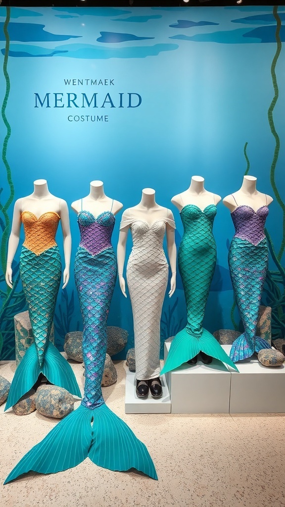 Display of various mermaid costumes in vibrant colors, showcasing different designs and styles.