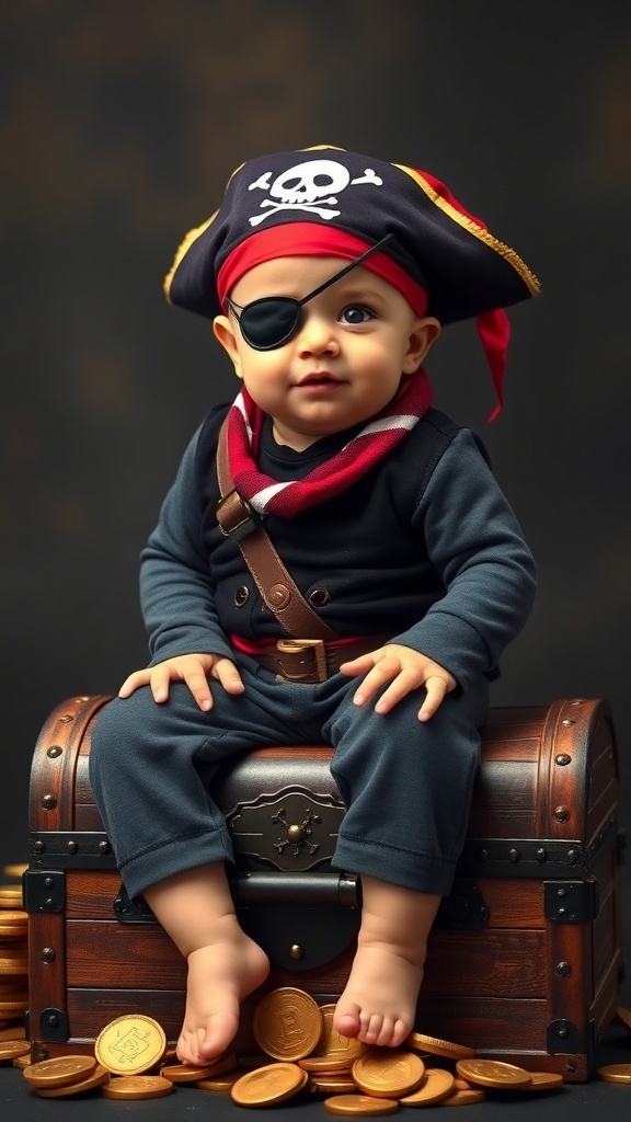 A baby dressed in a mini pirate outfit, sitting on a treasure chest surrounded by gold coins.