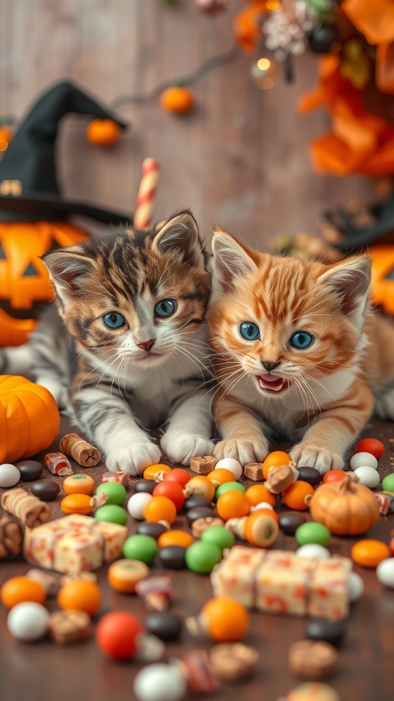 Two playful kittens surrounded by Halloween treats and decorations.