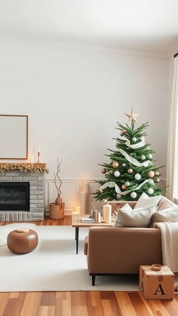 A modern minimalist living room decorated for Christmas with a tree, neutral colors, and simple decor.