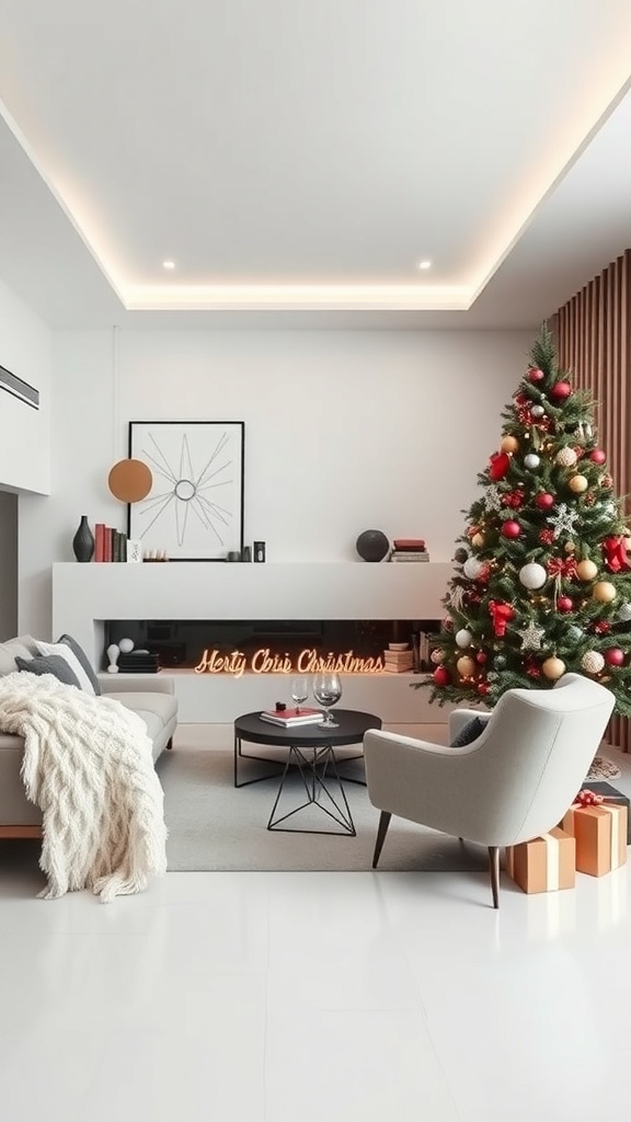A modern minimalist living room decorated for Christmas with a tree, cozy furniture, and a neon sign.
